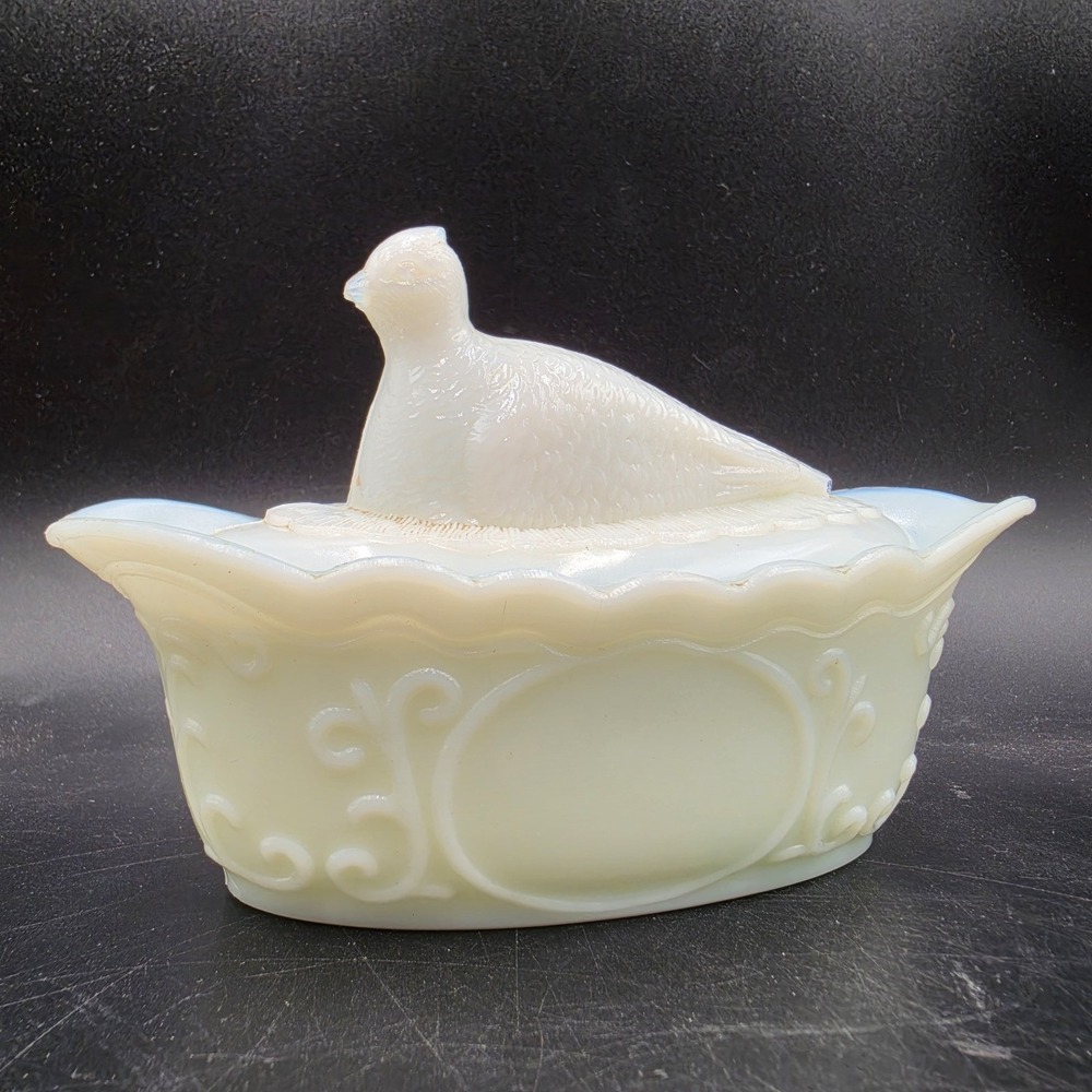 Antique Westmoreland Opalescent Milk Glass Quail On Nest Covered Dish 1890s Vtg